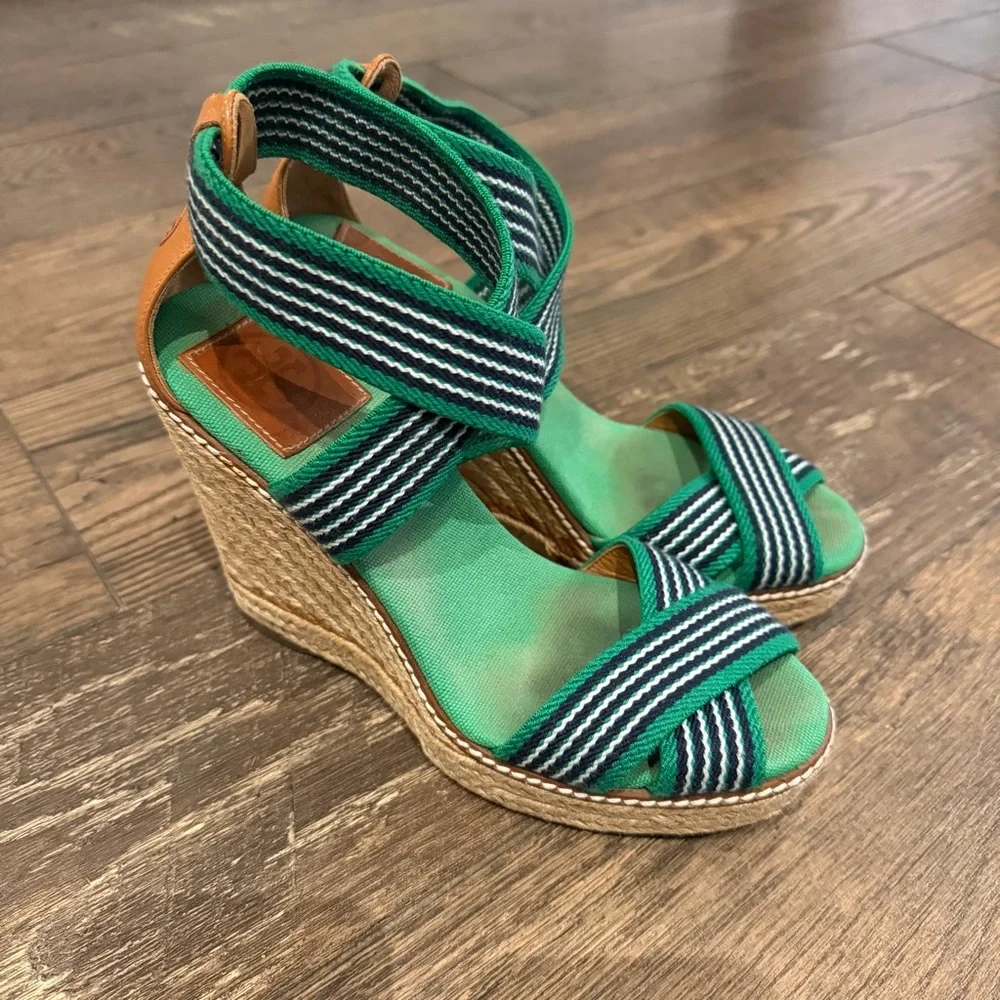 Tory Burch Frieda Women's Green/Blue Striped Espadrille Wedges‎ Size 7